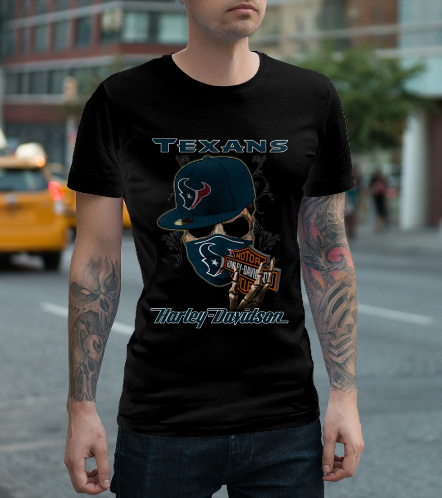 Texans Harley Davidson Skull With Cap And Bandana Nfl Houston Texans T-Shirt