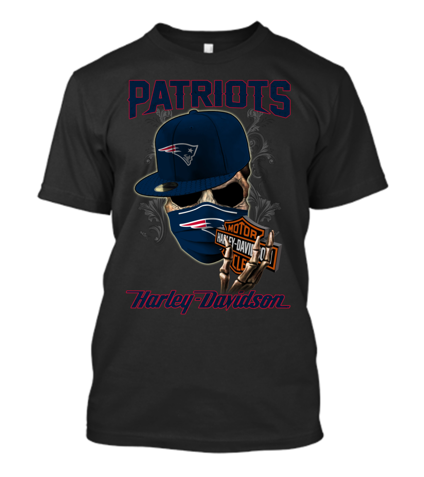Harley Davidson New England Patriots Skull With Cap And Mask T-Shirt
