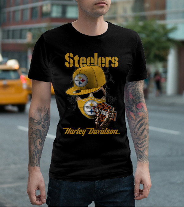 Steelers Harley Davidson Skull With Cap And Motorcycle T-Shirt