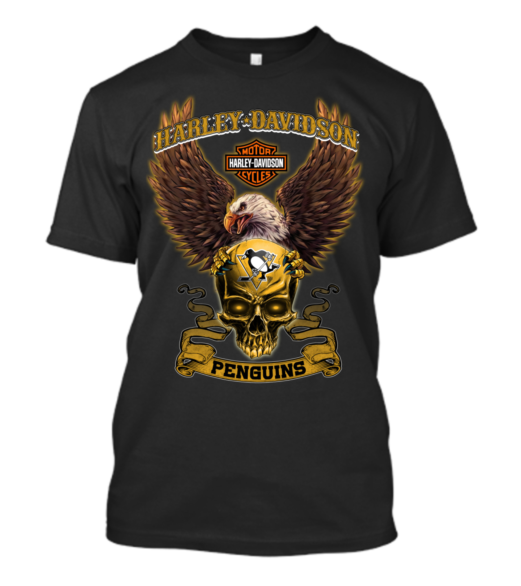 Harley Davidson Motor Cycles Pittsburgh Penguins Eagle Skull T-Shirt