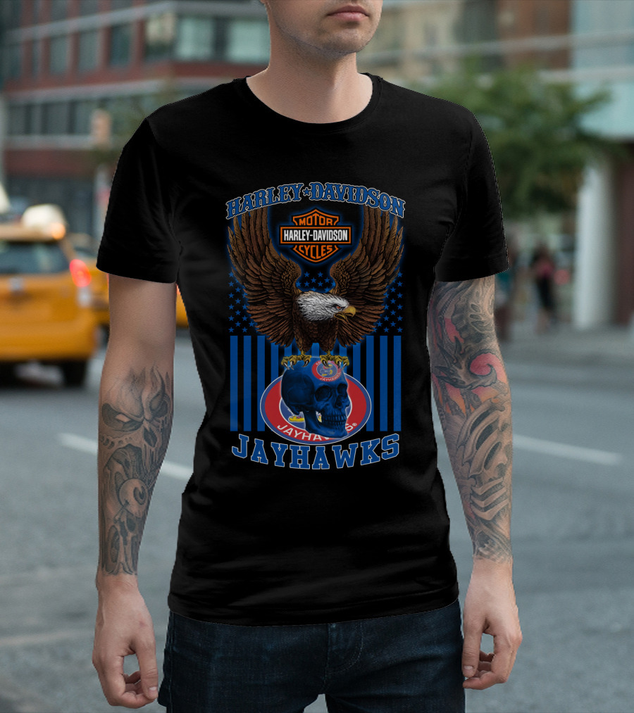 Harley Davidson Motor Cycles Kansas Jayhawks Eagles And Skull T-Shirt