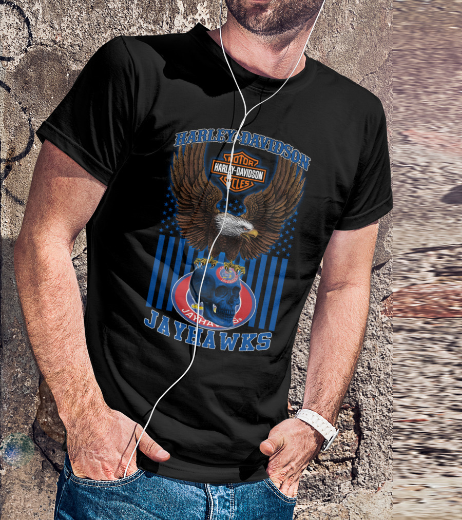 Harley Davidson Motor Cycles Kansas Jayhawks Eagles And Skull T-Shirt