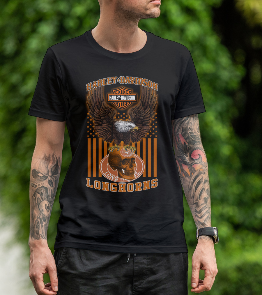 Harley Davidson Motorcycles Texas Longhorns Eagle And Skull T-Shirt