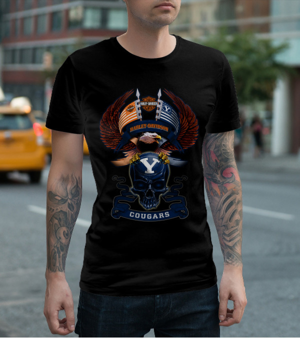 Motor Harley Davidson Cougars Byu Y Skull And Eagle Wings T-Shirt