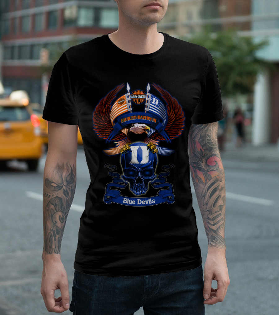 Harley Davidson Motor Cycles Eagle Skull Blue Devils T-Shirt