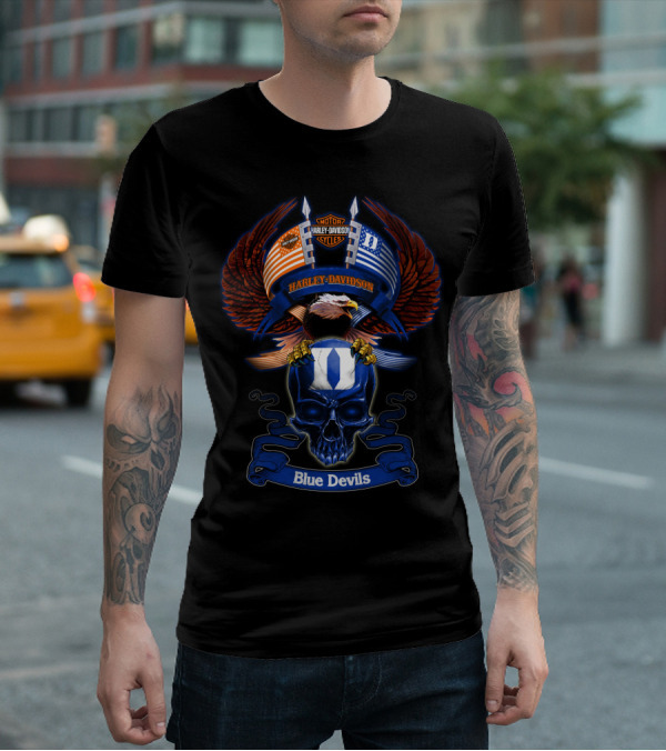 Harley Davidson Motor Cycles Eagle Skull Blue Devils T-Shirt