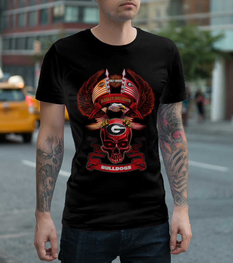 Harley Davidson Motor Cycles Georgia Bulldogs G Skull And Eagle T-Shirt