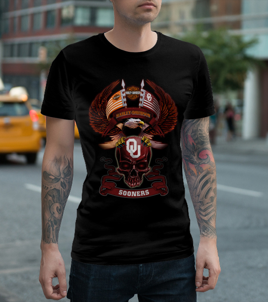 Harley Davidson Motor Cycles Oklahoma Sooners Ou Bald Eagle American Flag Skulls T-Shirt