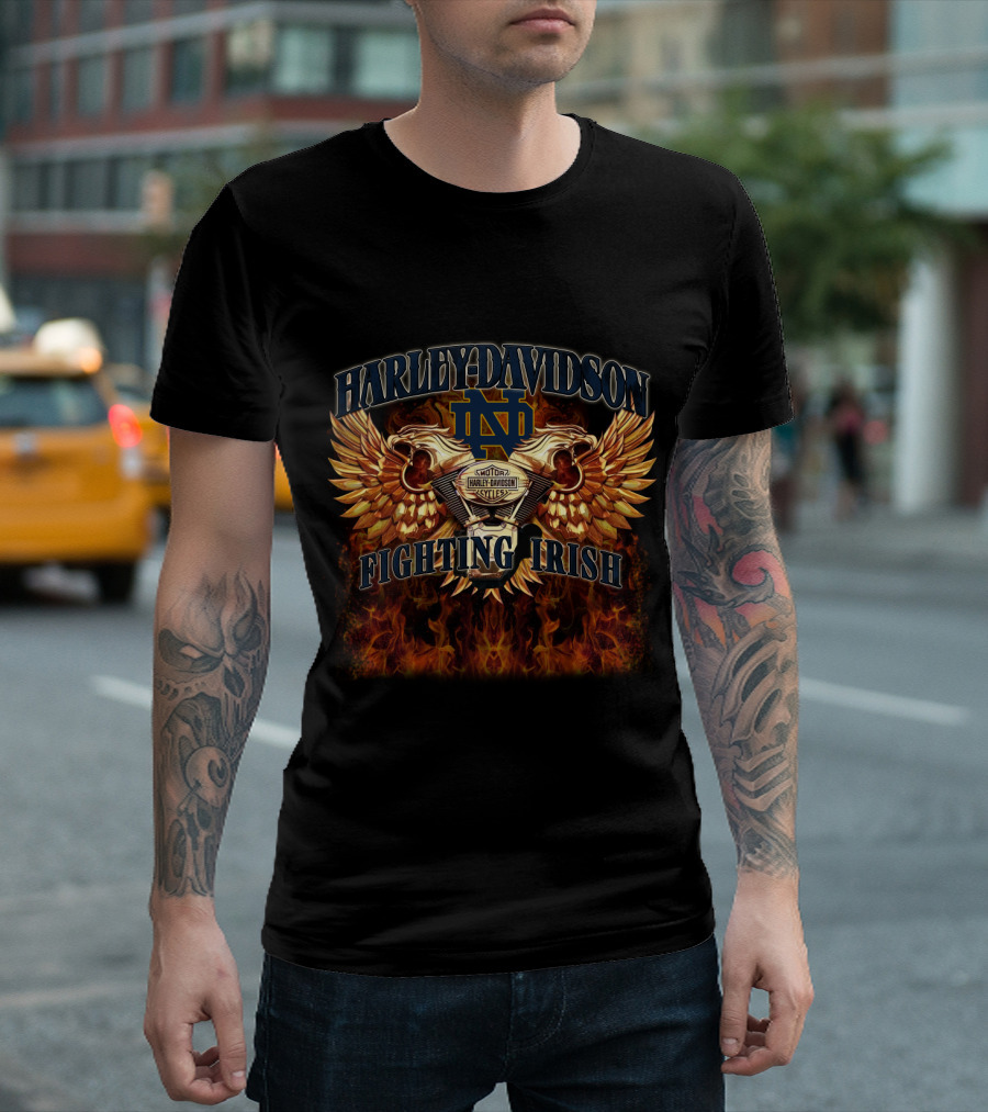 Harley Davidson Notre Dame Fighting Irish Motorcycles Flames Winged Skulls T-Shirt