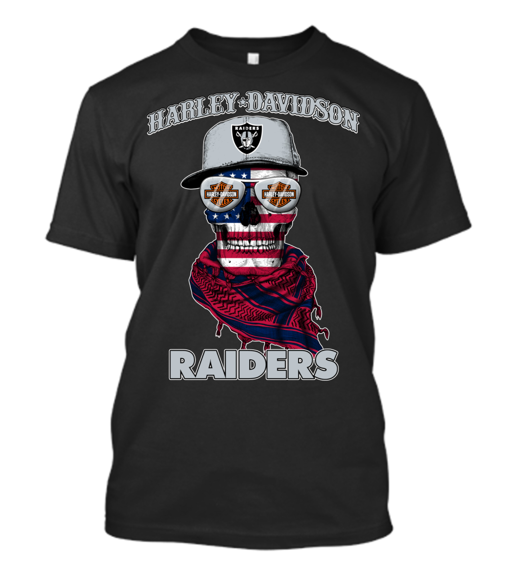 Harley Davidson Raiders Skull American Flag Bandana Nfl X Las Vegas Raiders T-Shirt