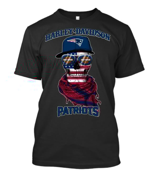 Harley Davidson New England Patriots Usa Flag Skull With Sunglasses T-Shirt