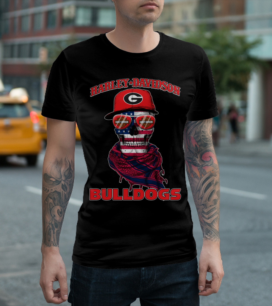 Harley Davidson Georgia Bulldogs Usa Flag Skull T-Shirt