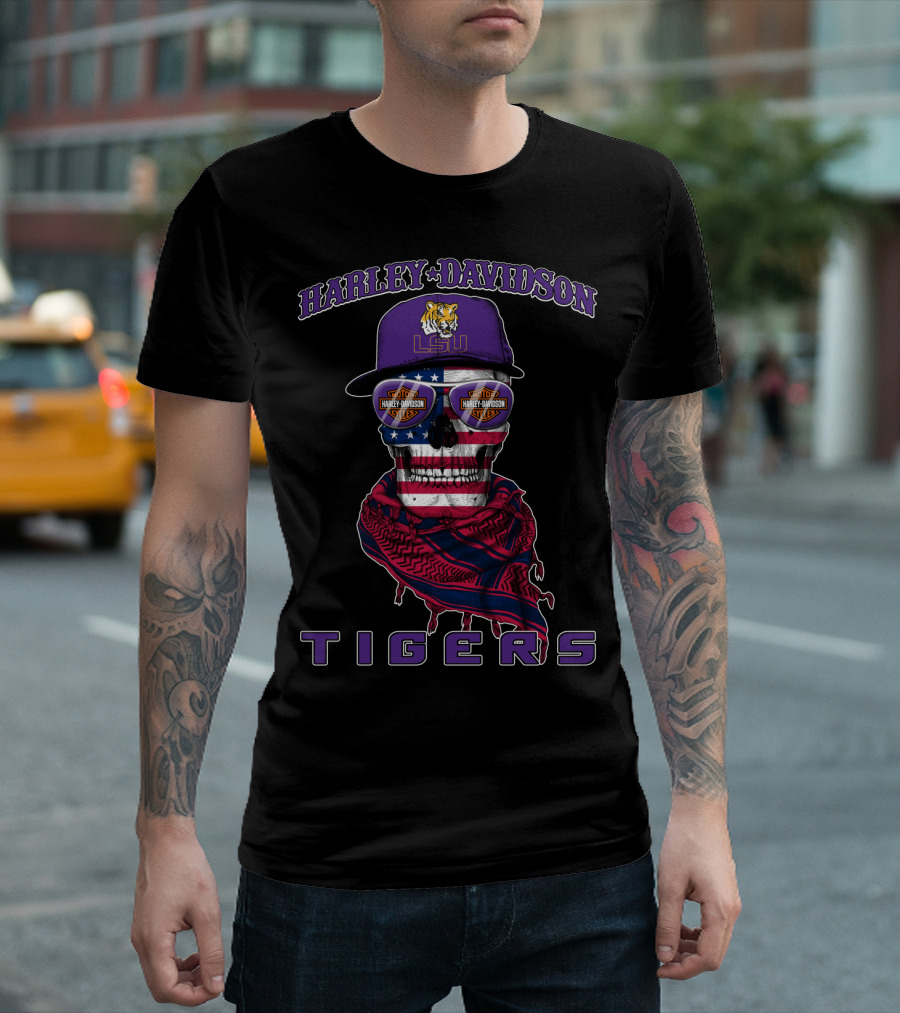 Harley Davidson Lsu Tigers Skull With American Flag And Cap T-Shirt