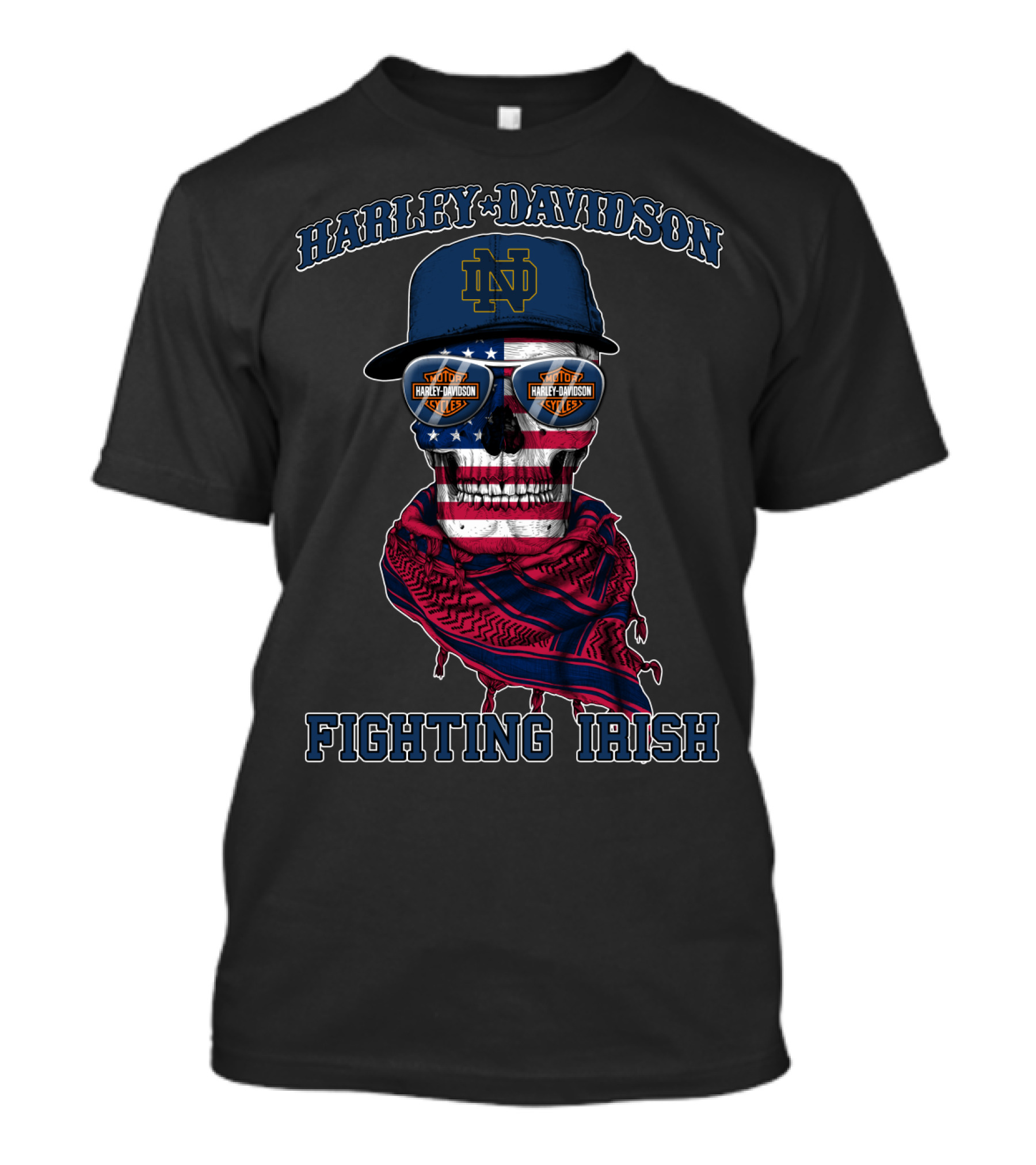 Harley Davidson Notre Dame Fighting Irish Skull With American Flag And Bandana T-Shirt