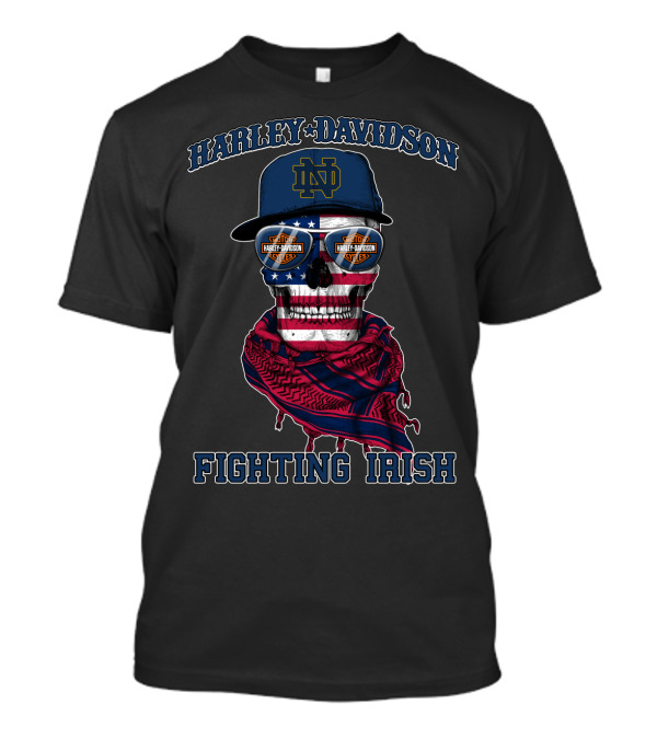 Harley Davidson Notre Dame Fighting Irish Skull With American Flag And Bandana T-Shirt