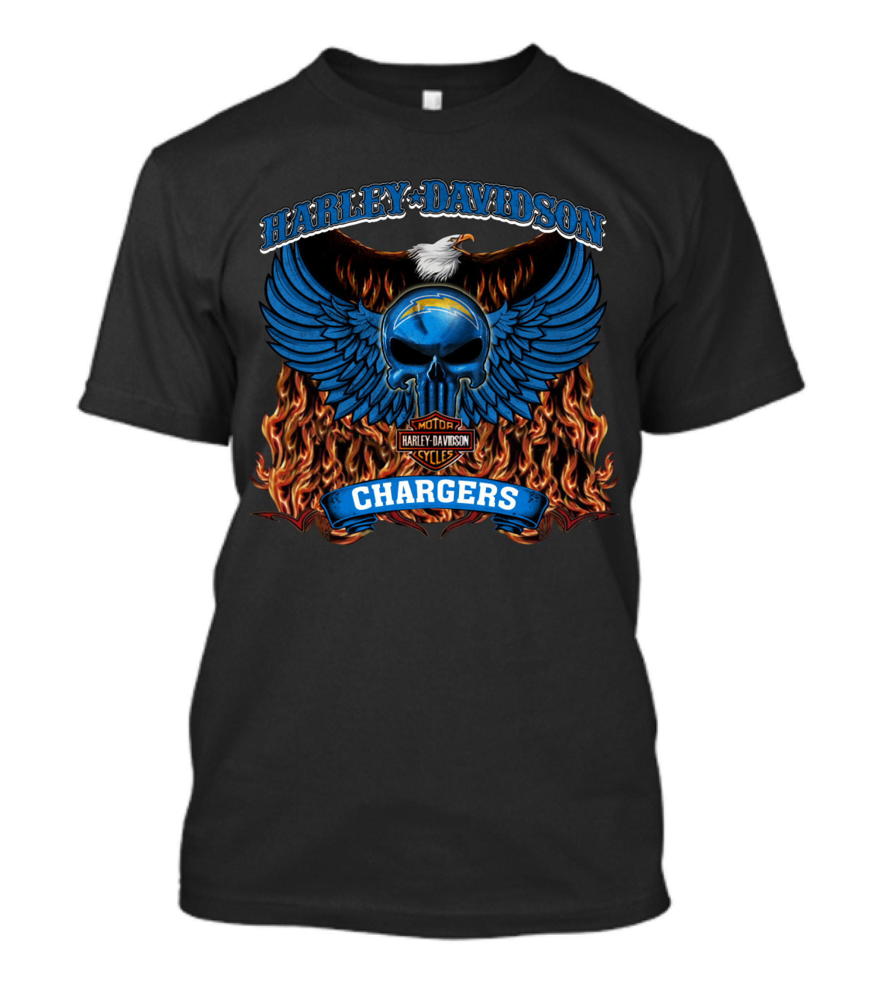 Harley Davidson Motor Cycles Chargers Los Angeles 206 Flame Wings Skull Eagle T-Shirt