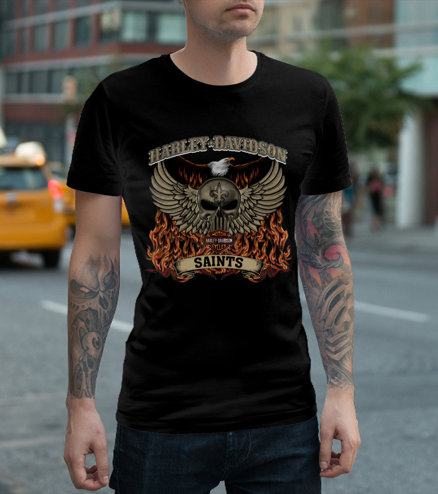 Harley Davidson Motor Cycles Saints New Orleans Flames And Skull T-Shirt