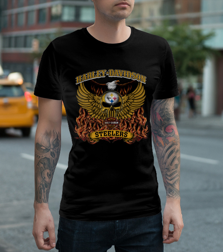 Harley Davidson Pittsburgh Steelers Winged Skull Flames T-Shirt