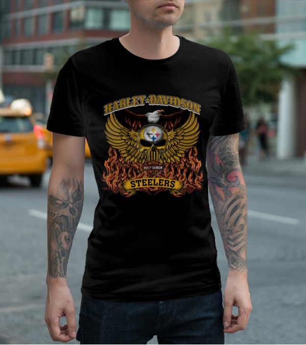 Harley Davidson Pittsburgh Steelers Winged Skull Flames T-Shirt