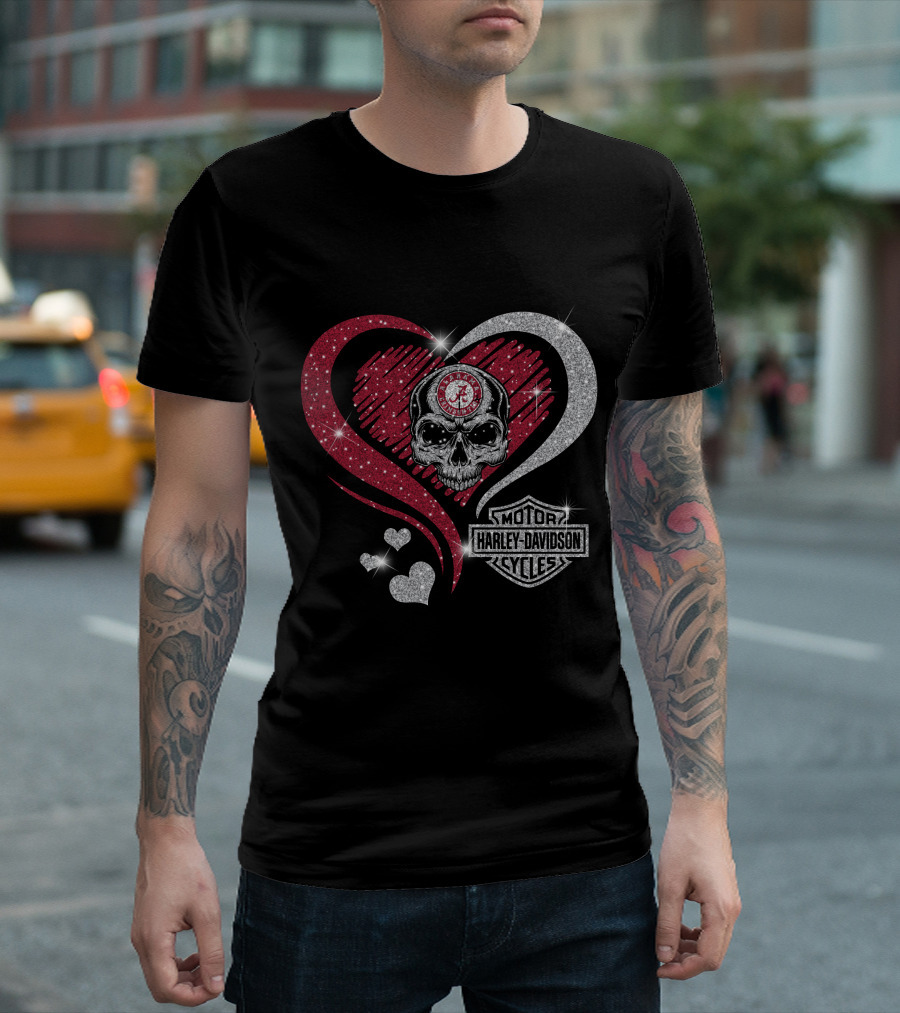 Alabama Crimson Tide Skull Heart Harley Davidson Motor Cycles T-Shirt