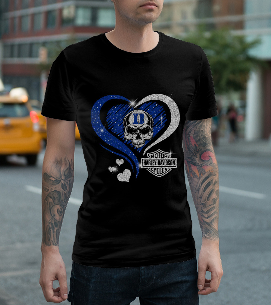 Duke Blue Devils Skull Heart Harley Davidson Motor Cycles Sparkle T-Shirt