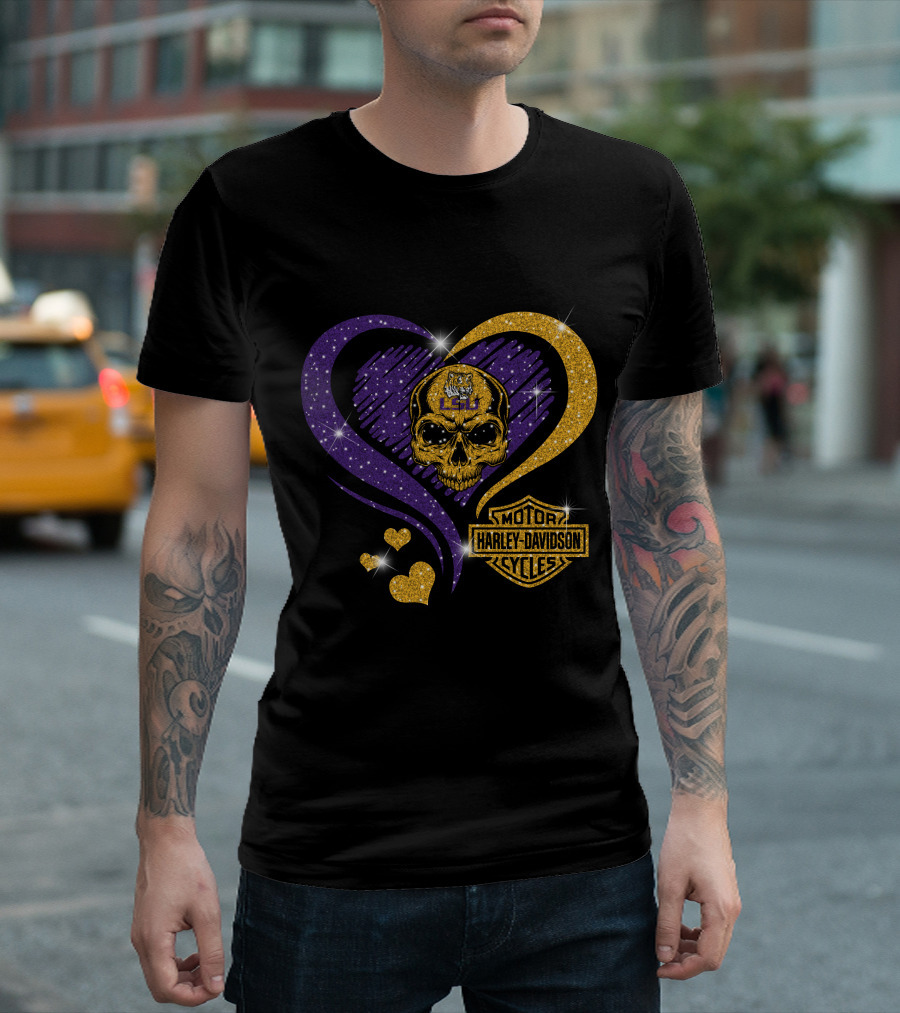 Ncaa Lsu Tigers Skull Heart Harley Davidson Motor Cycles T-Shirt