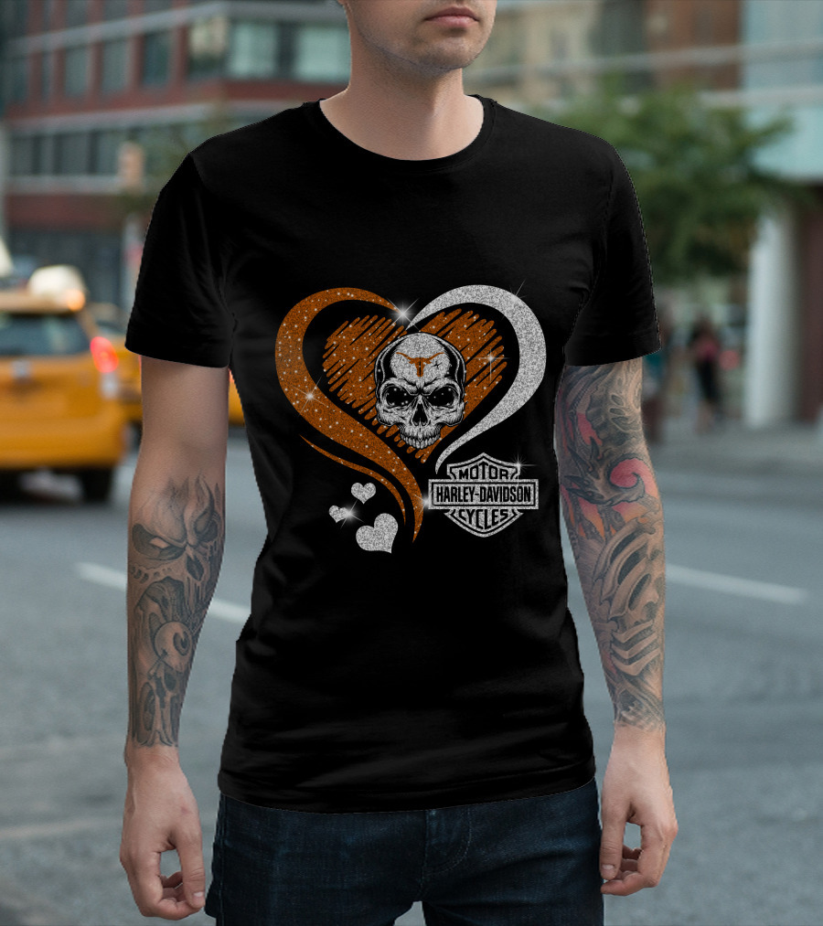 Ncaa Texas Longhorns Harley Davidson Skull Heart T-Shirt