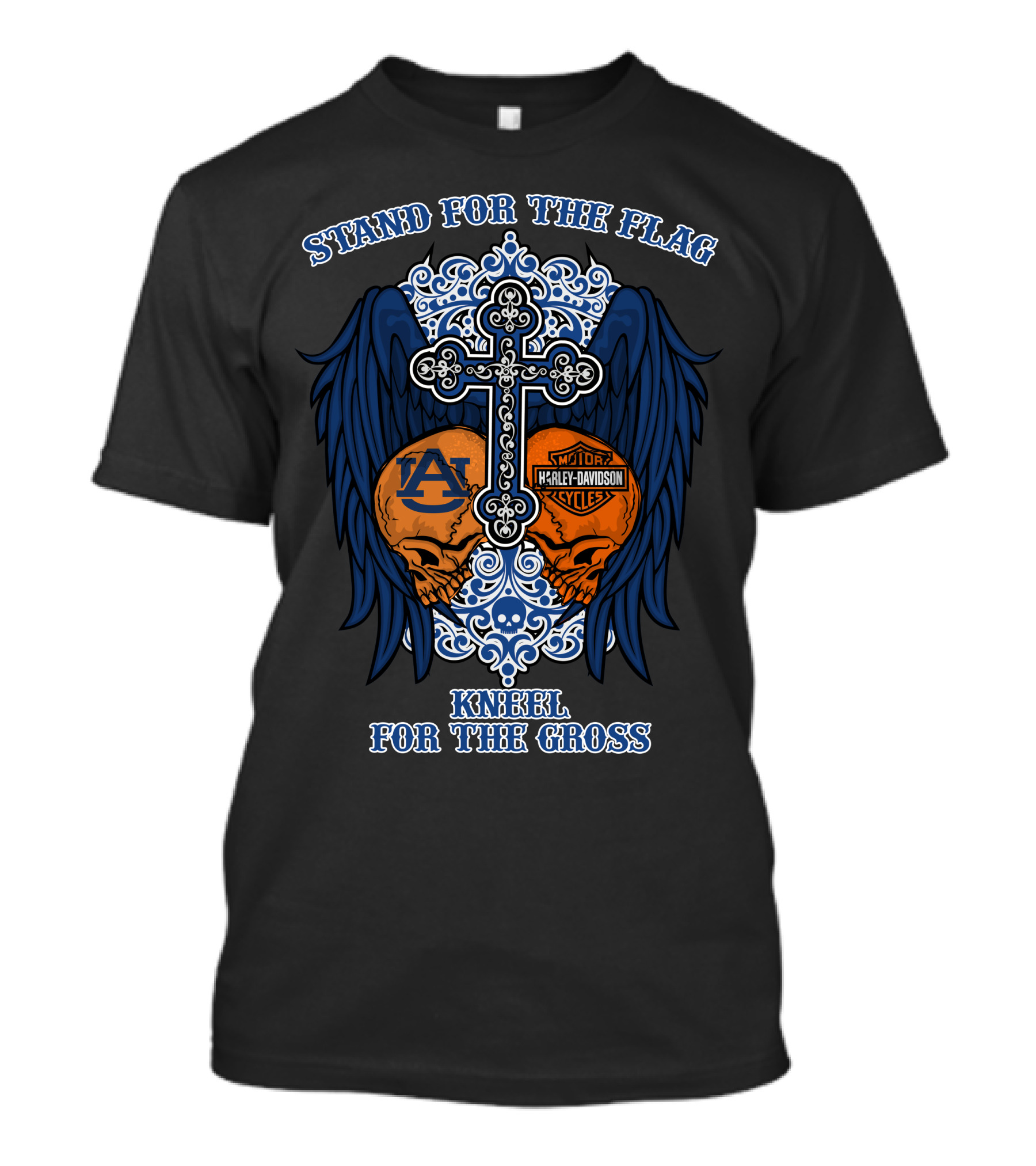 Stand For The Flag Kneel For The Cross Auburn Tigers Harley Davidson Skulls Cross Wings T-Shirt