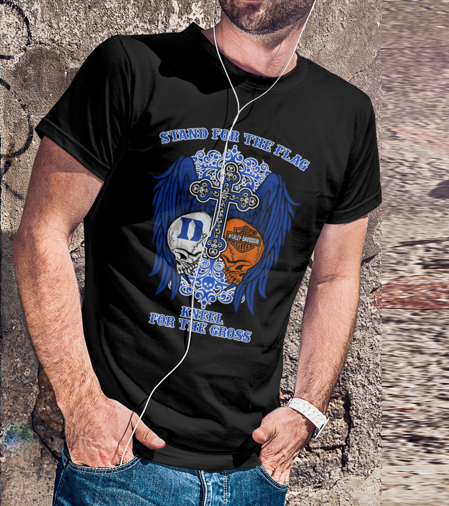 Stand For The Flag Kneel For The Cross Duke Blue Devils Harley Davidson Skulls Cross Wings T-Shirt