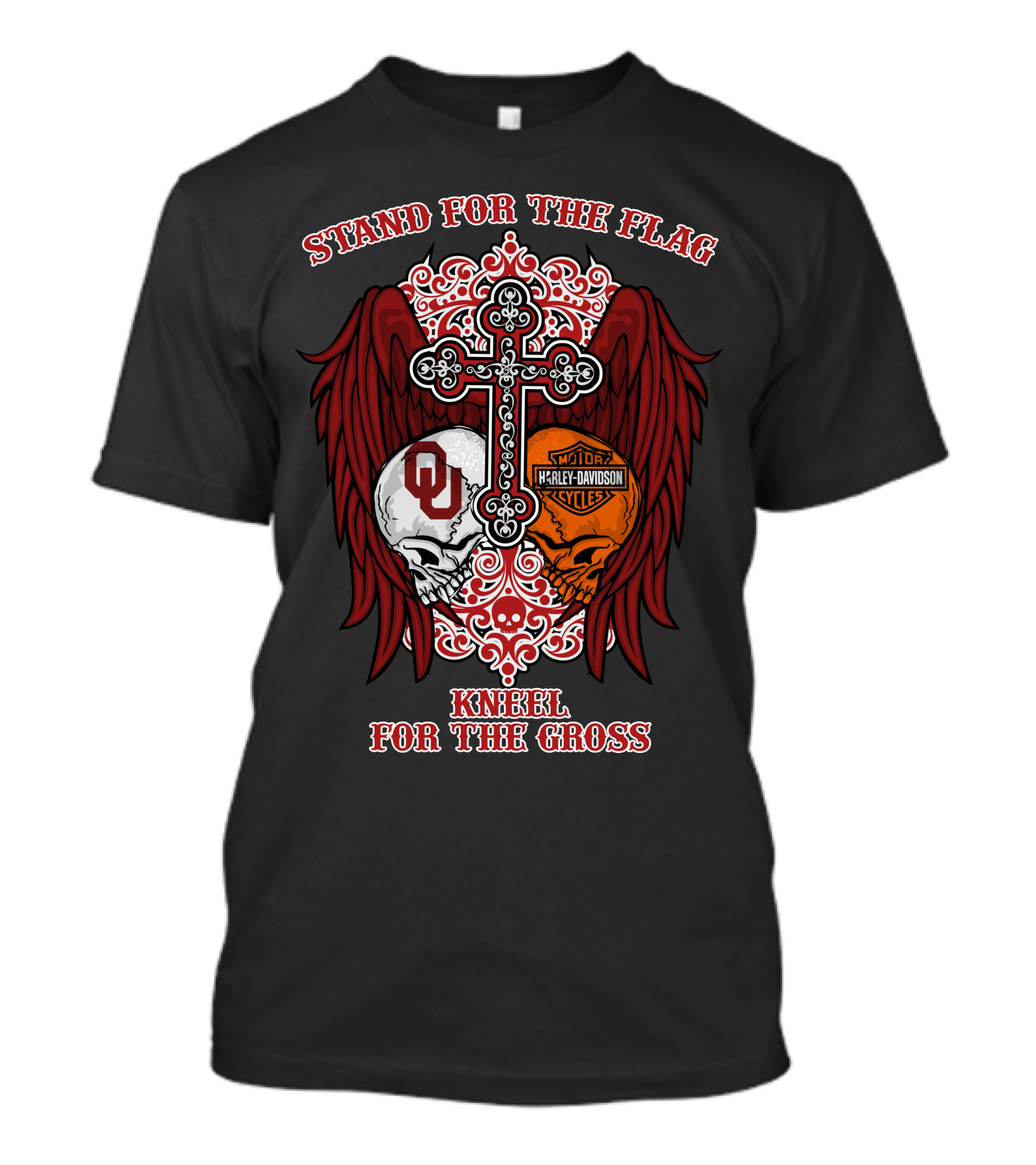 Stand For The Flag Kneel For The Cross Ou Harley Davidson Skulls And Cross T-Shirt