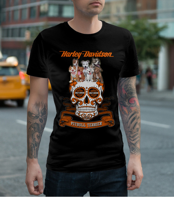 Harley Davidson Pitbull Terrier Motorcycle Cycles Skull T-Shirt