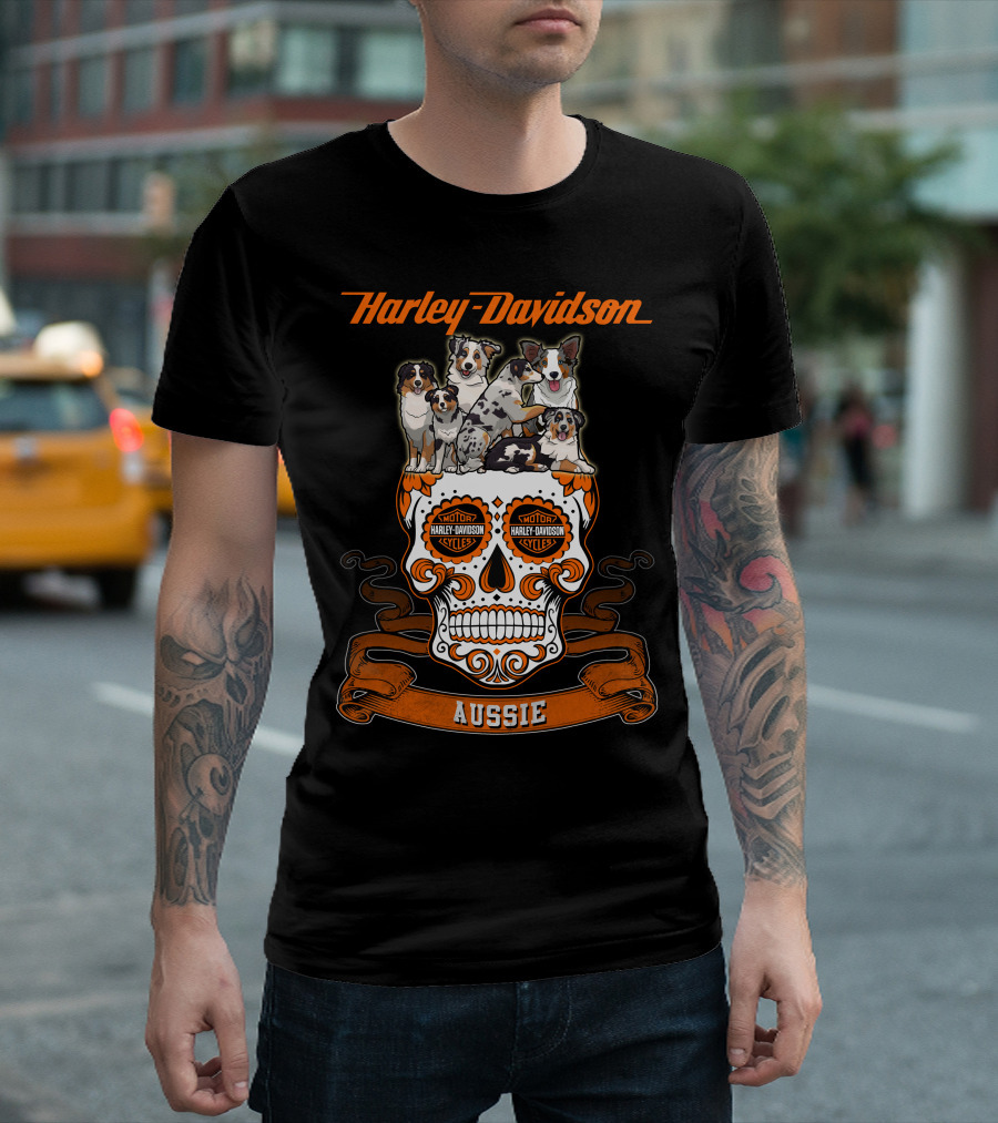 Harley Davidson Aussie Dogs Sugar Skull Art T-Shirt