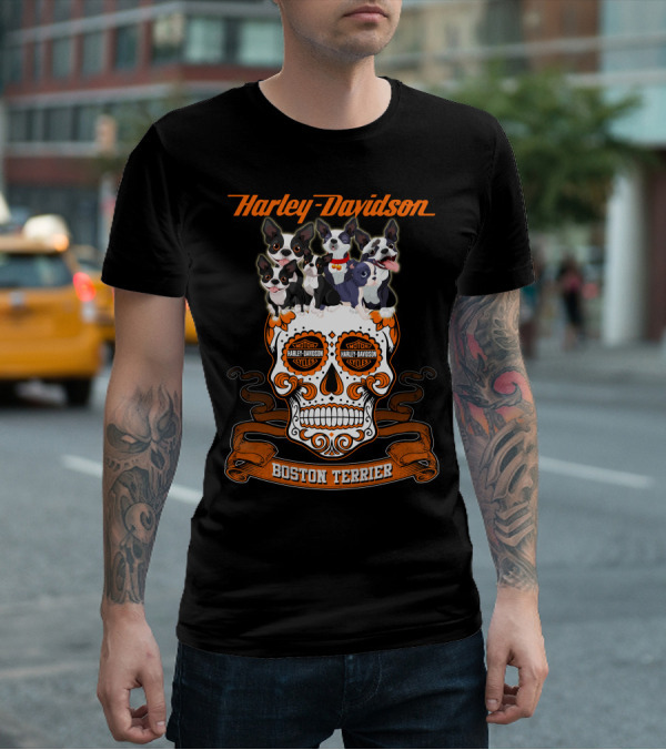 Harley Davidson Boston Terrier Skull Motif T-Shirt