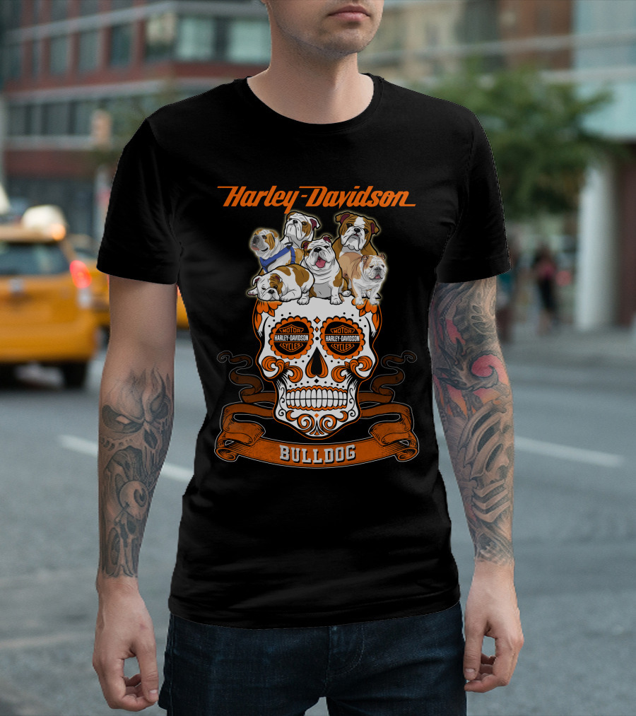 Harley Davidson Bulldog Skull Motif With Bulldogs T-Shirt