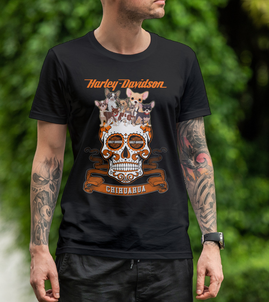 Harley Davidson Chihuahua Skull With Motorcycles And Cute Dogs T-Shirt
