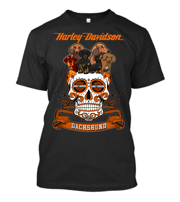 Harley Davidson Dachshund Skull With Motorcycles And Dachshunds T-Shirt