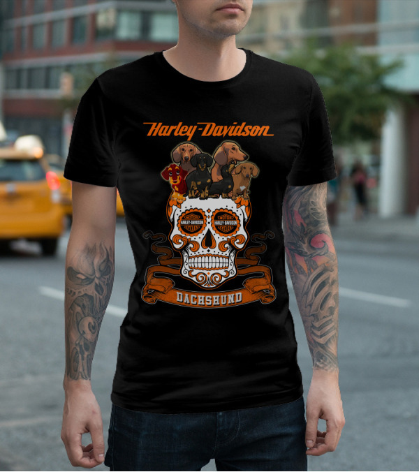 Harley Davidson Dachshund Skull With Motorcycles And Dachshunds T-Shirt