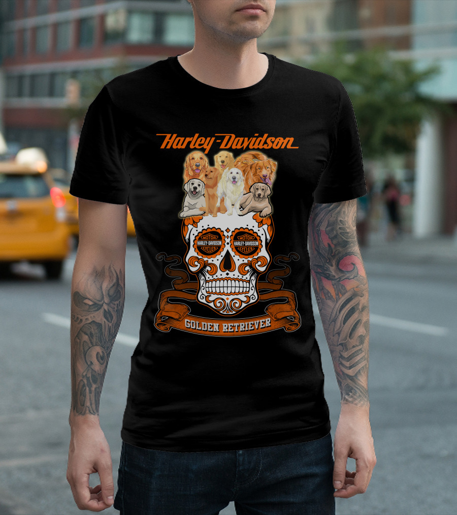 Harley Davidson Golden Retriever Skull Motif T-Shirt