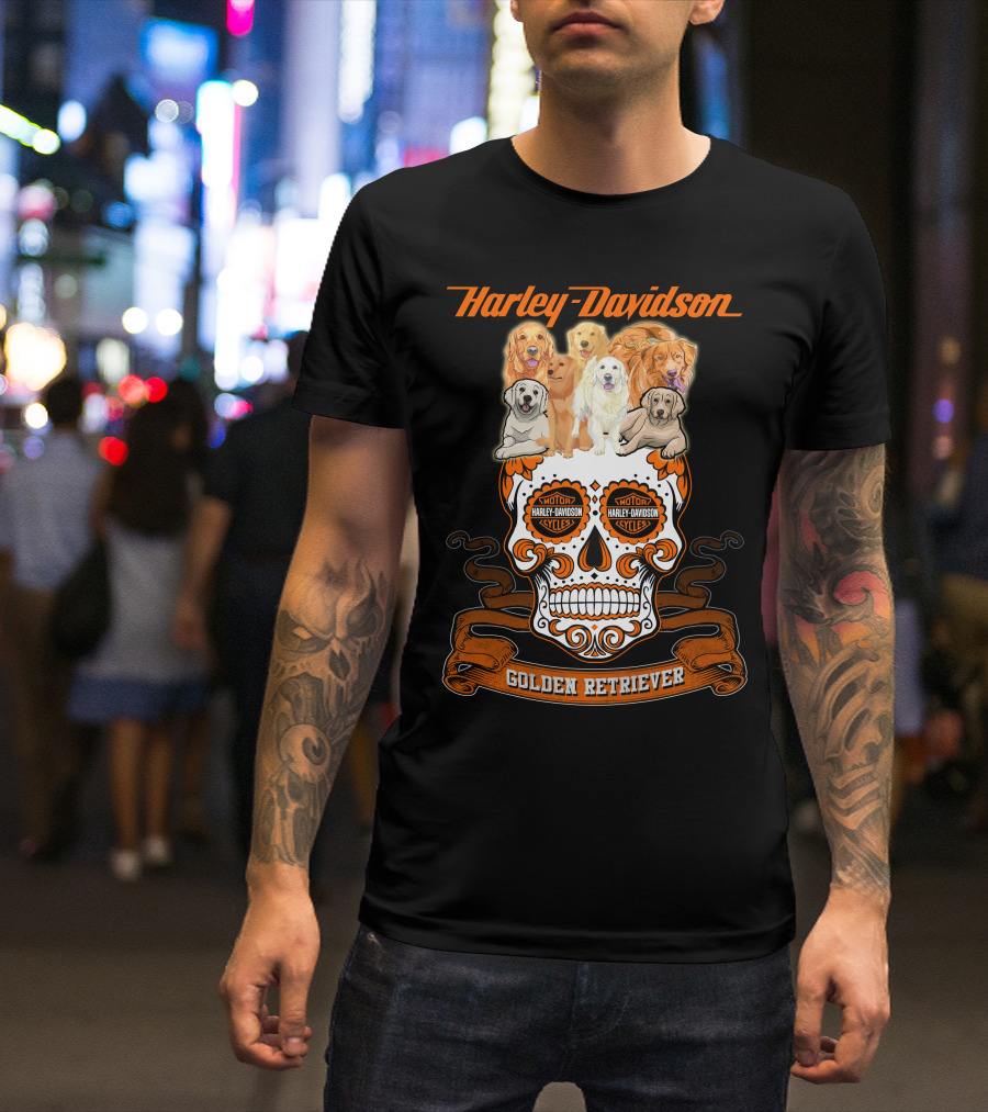 Harley Davidson Golden Retriever Skull Motif T-Shirt