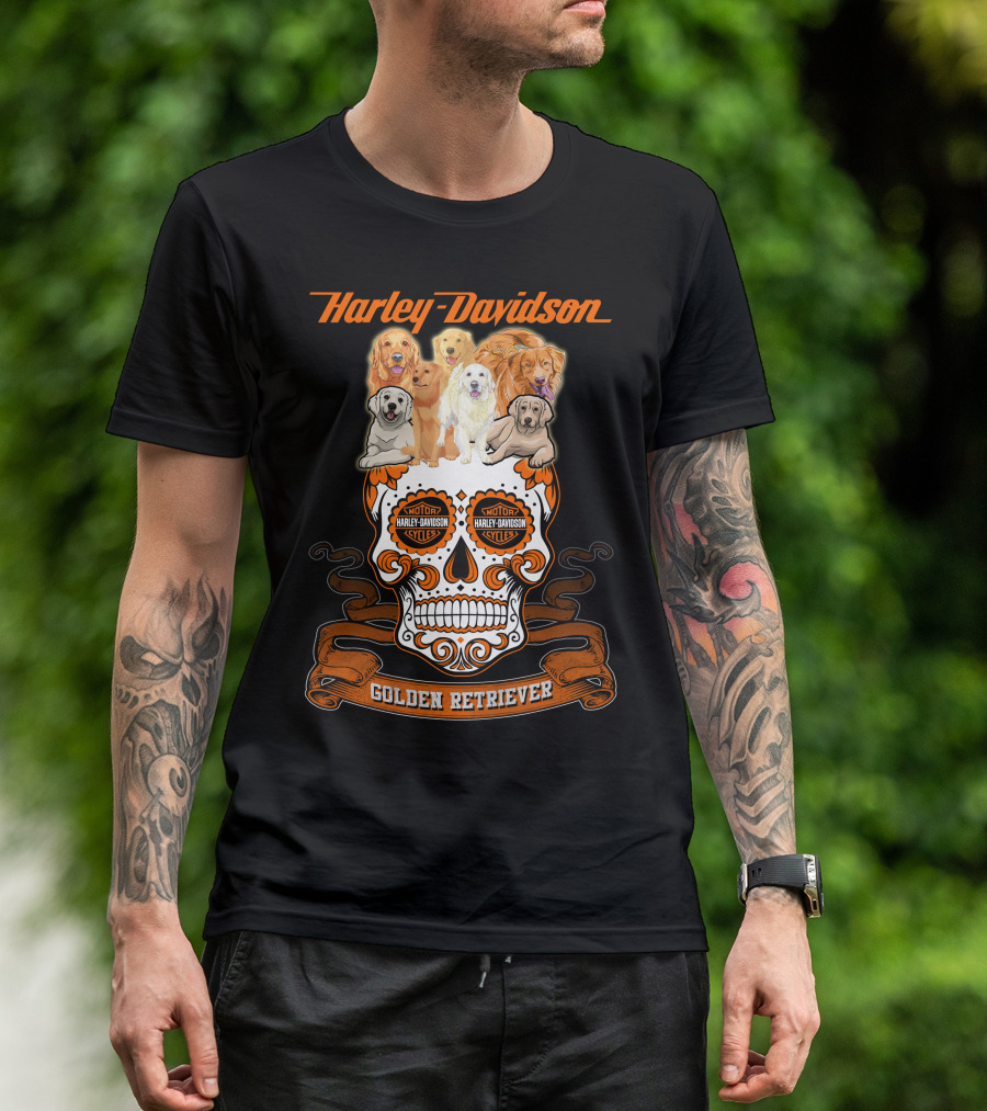 Harley Davidson Golden Retriever Skull Motif T-Shirt