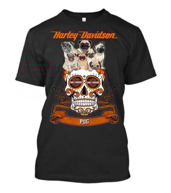 Harley Davidson Pug Skull Motif With Pugs T-Shirt