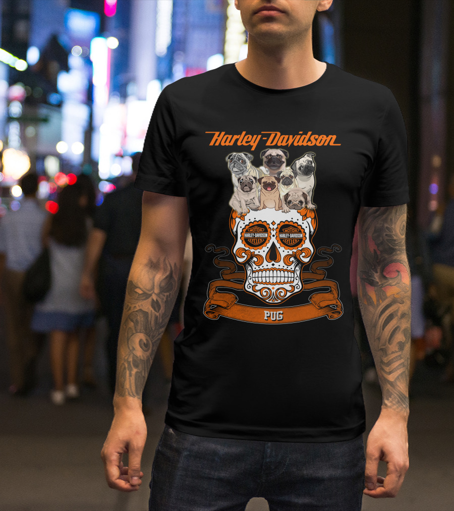 Harley Davidson Pug Skull Motif With Pugs T-Shirt