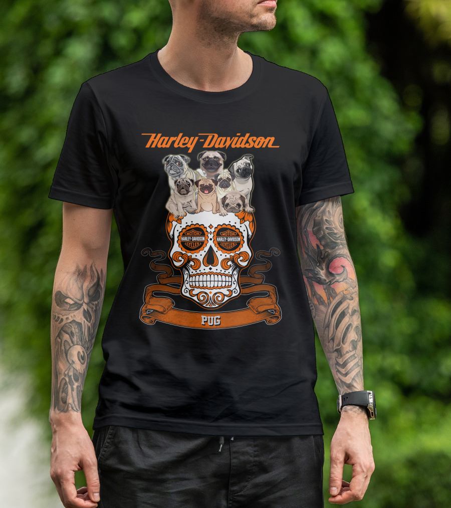Harley Davidson Pug Skull Motif With Pugs T-Shirt