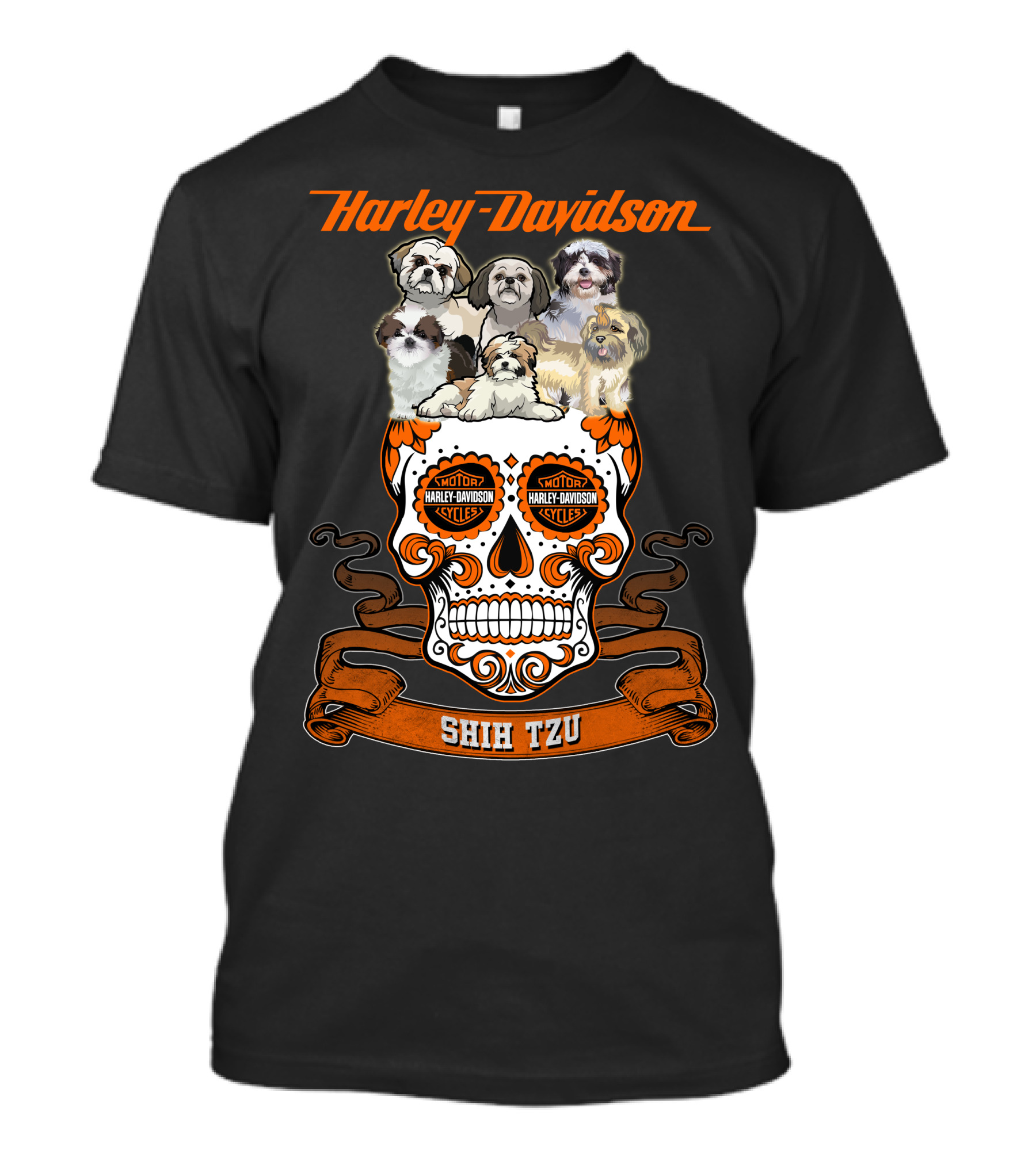 Harley Davidson Shih Tzu Skull With Dogs And Motor Harley Davidson Cycles T-Shirt