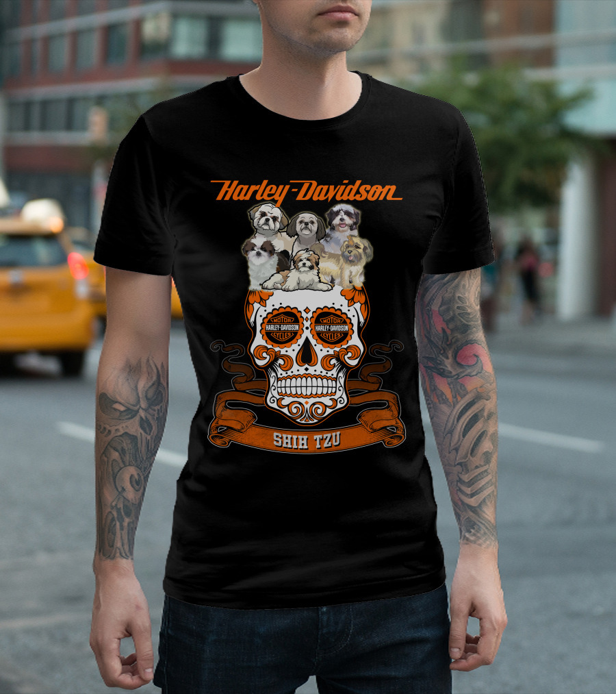 Harley Davidson Shih Tzu Skull With Dogs And Motor Harley Davidson Cycles T-Shirt