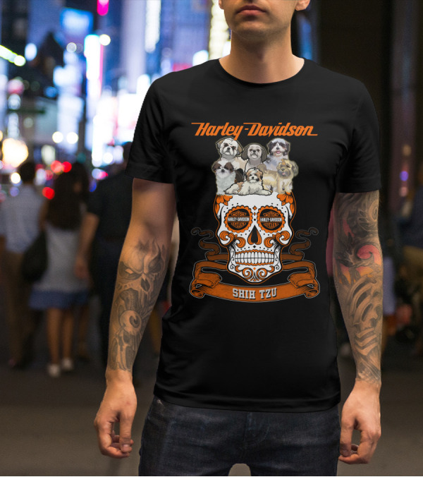 Harley Davidson Shih Tzu Skull With Dogs And Motor Harley Davidson Cycles T-Shirt