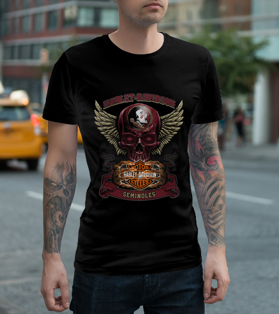 Harley Davidson Seminoles Skull With Florida State Motor Cycles Wings T-Shirt