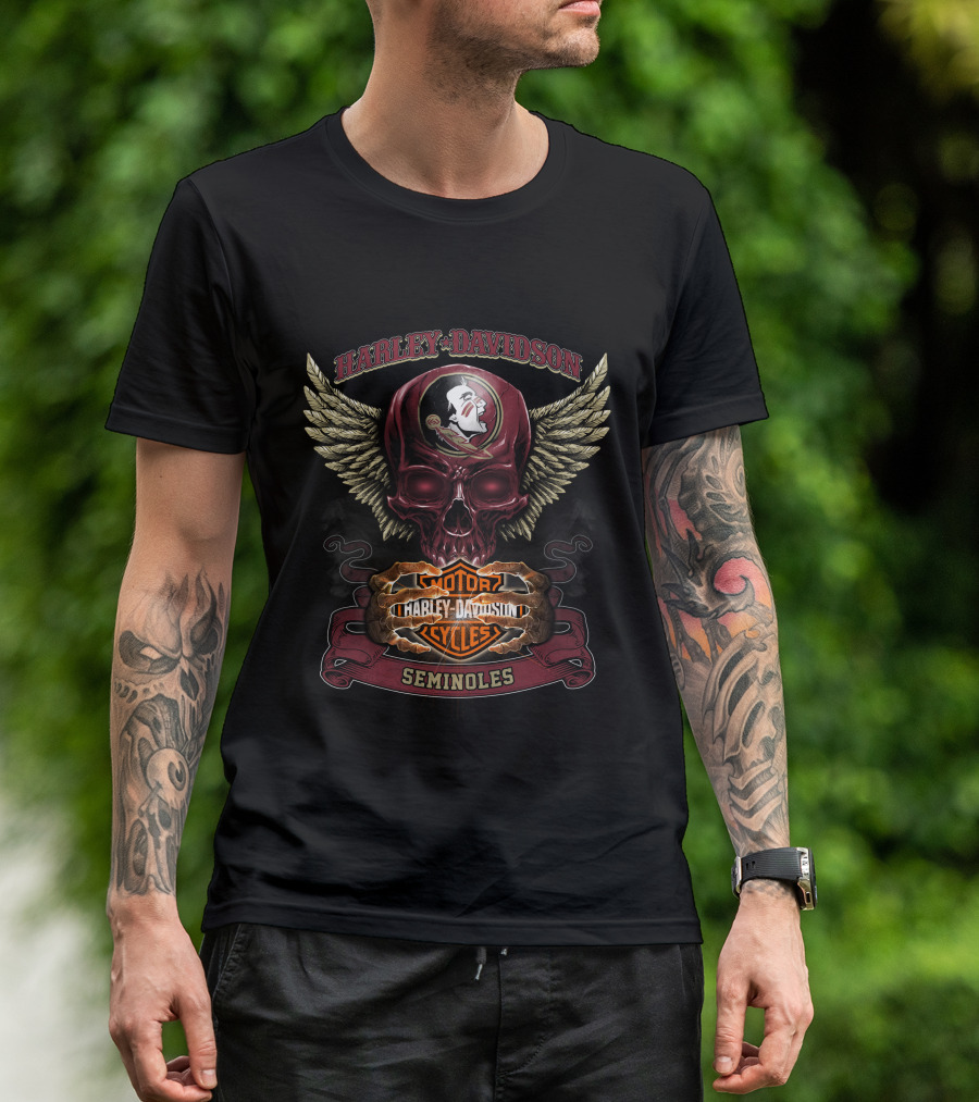 Harley Davidson Seminoles Skull With Florida State Motor Cycles Wings T-Shirt