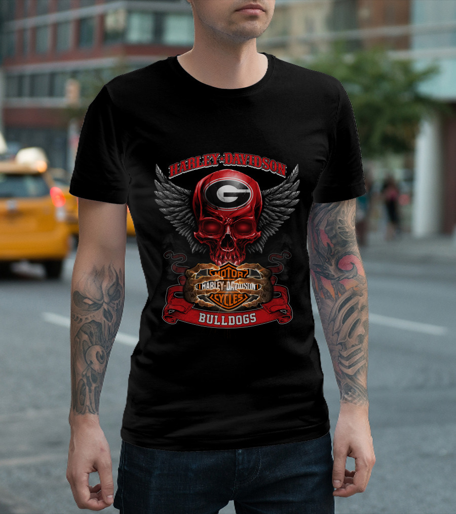 Harley Davidson Georgia Bulldogs Motorcycles Skull Wings T-Shirt