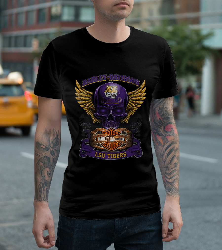 Harley Davidson Lsu Tigers Motorcycles Skull Wings T-Shirt